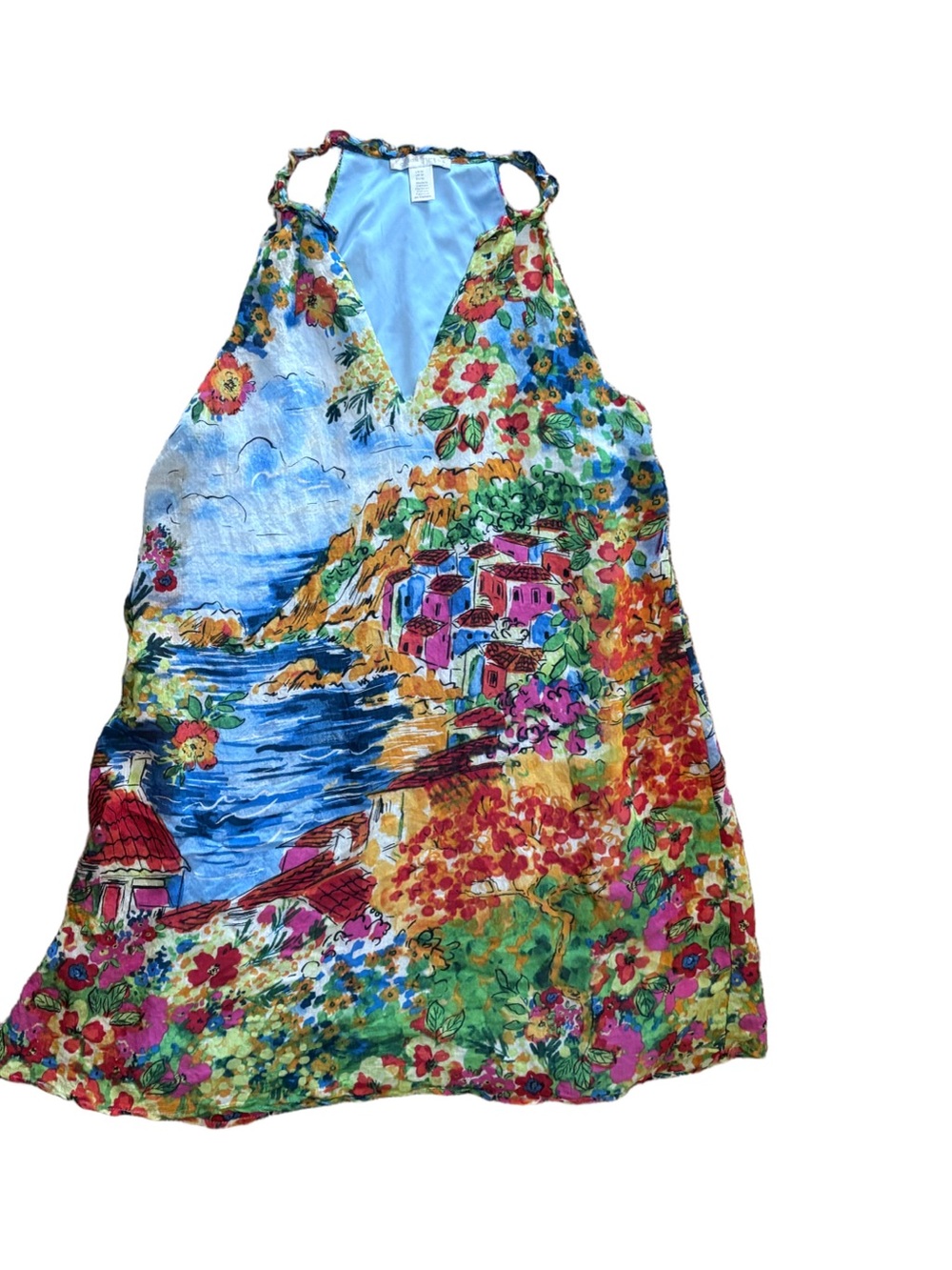 Colorful Coastal Mediterranean Floral Landscape Halter Dress M - Picture 3 of 7